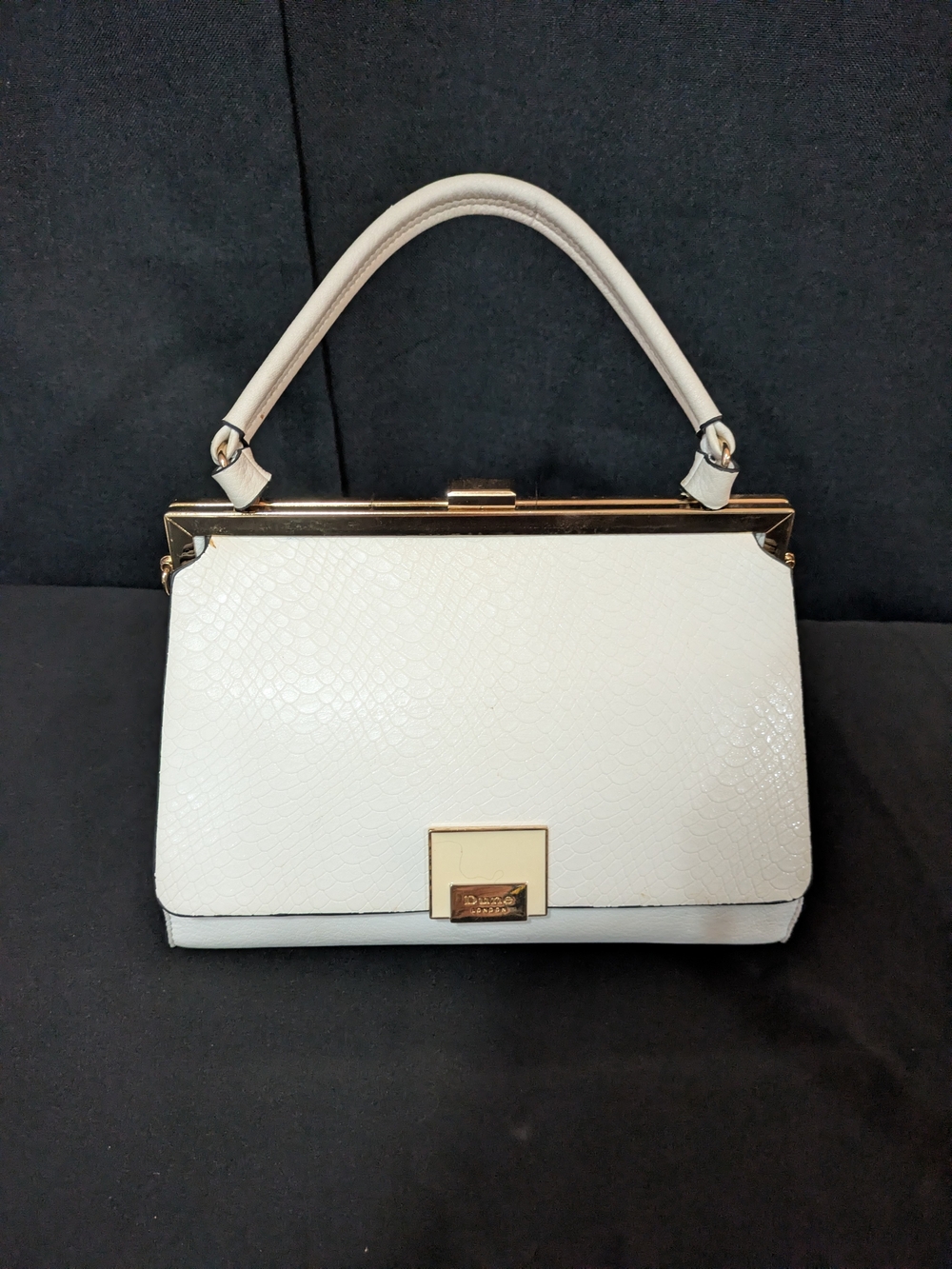 Dune London Cream Snake-Embossed Frame Top Handle Bag